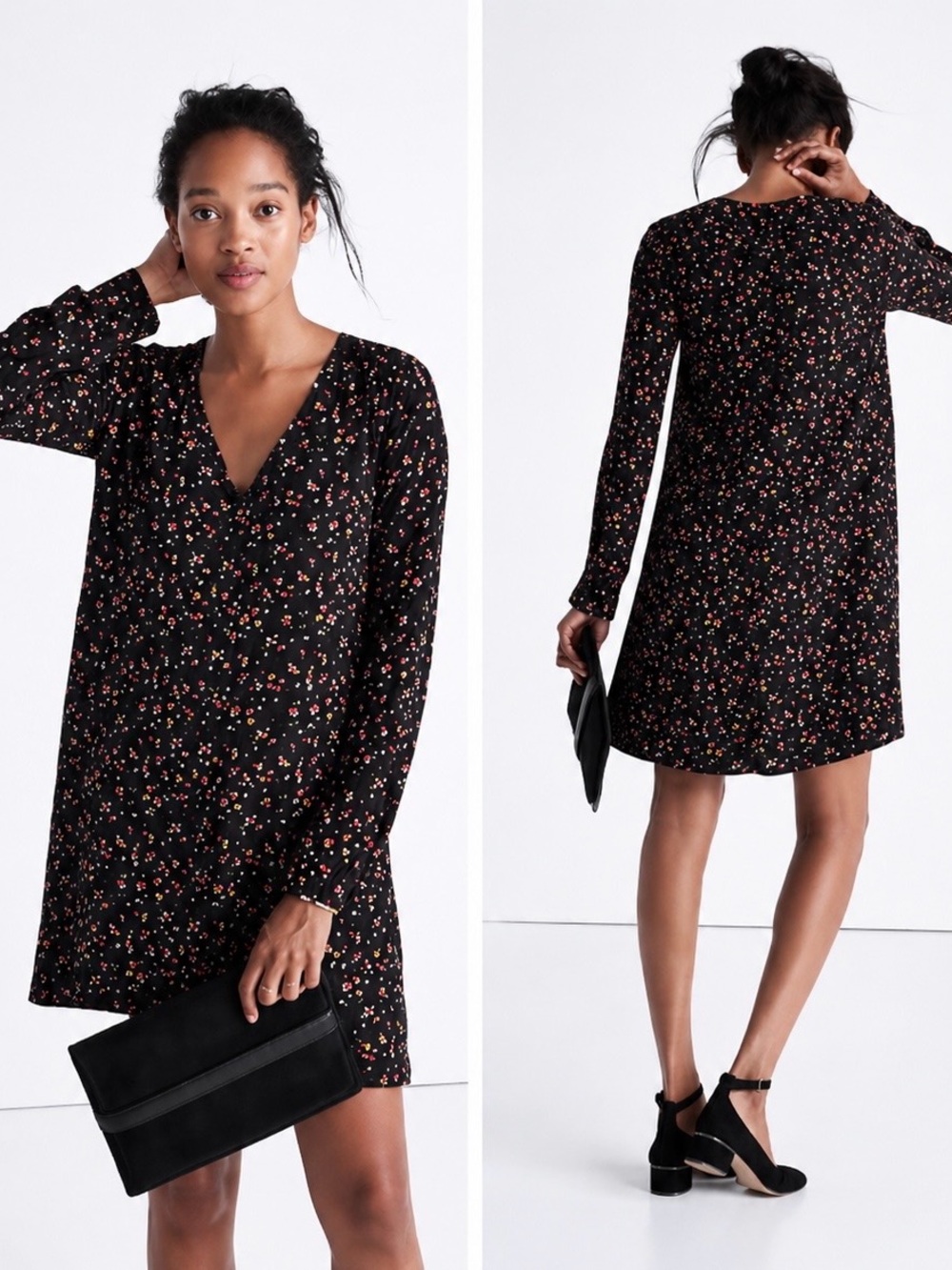 Madewell x Sézane 100% silk floral black mini shirt dress